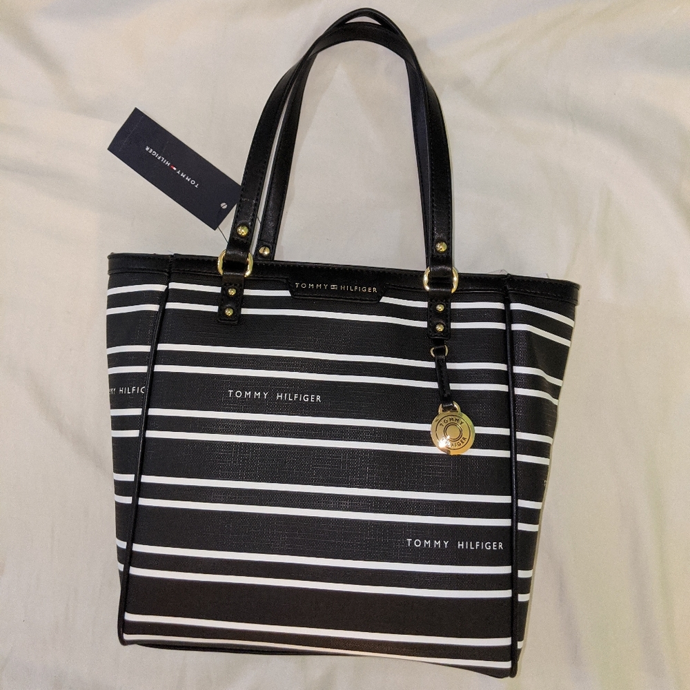 Tommy Hilfiger black white striped tote bag